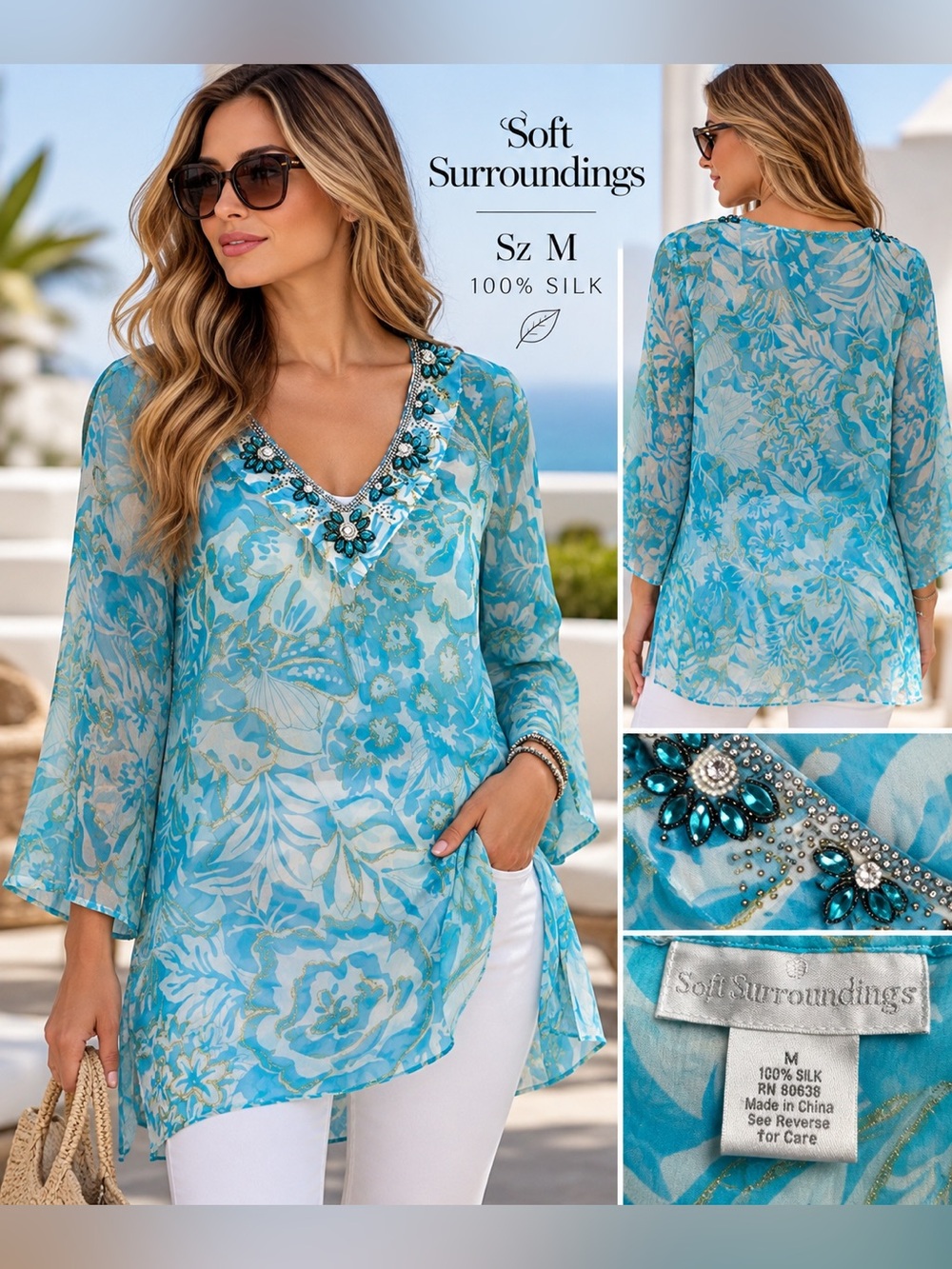 Soft Surroundings Turquoise Floral Silk V-Neck Tunic with Jeweled Trim Sz M